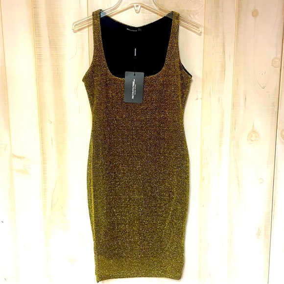 PrettyLittleThing Dresses & Skirts - NWT Pretty Little Thing Gold Sparkly Square Neck Bodycon Dress Sz 6